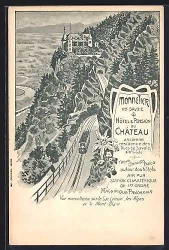 Lithographie Monnetier /Hte Savoie, Hôtel & Pension du Château, Bergbahn