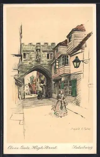 Künstler-AK Salisbury, Close Gate, High Street