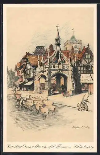 Künstler-AK Salisbury, Poultry Cross & Church of St. Thomas