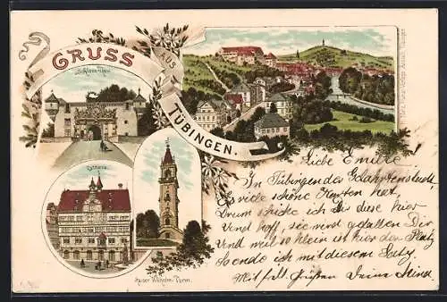Lithographie Tübingen, Rathaus, Kaiser Wilhelm-Turm, Schloss-Thor