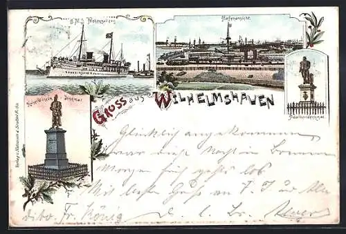 Lithographie Wilhelmshaven, S. M. S. Hohenzollern, Kaiser Wilhelm-Denkmal und Hafenansicht