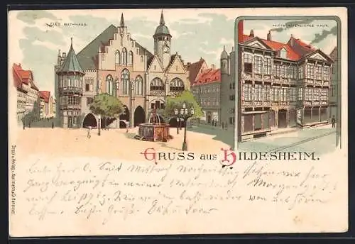 Lithographie Hildesheim, Mittelalterliches Haus und Rathaus