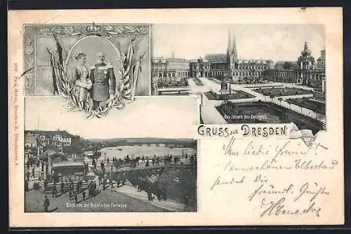 AK Dresden, Blick von der Brühl`schen Terrasse, Das Innere des Zwingers, König Albert von Sachsen