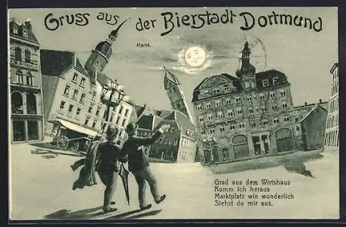 Künstler-AK Dortmund, Marktplatz aus der Sicht eines Betrunkenen