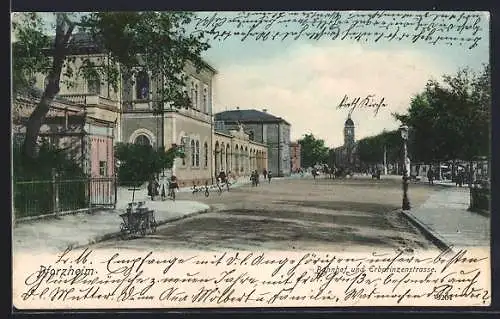 AK Pforzheim, Bahnhof und Erbprinzenstrasse