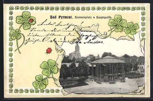 AK Bad Pyrmont, Brunnenplatz und Hauptquelle, Kleeblatt-Passepartout
