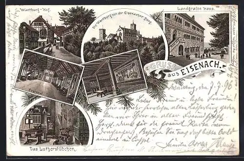 Lithographie Eisenach, Landgrafenhaus, Lutherstübchen, Wartburg-Hof und Sängersaal