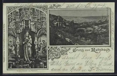 Mondschein-AK Retzbach, Muttergottesbild, und Partie mit Wallfahrtskirche