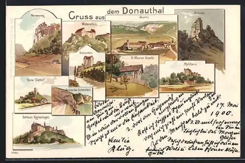 Lithographie Beuron, Panorama mit Kloster, Schloss Werenwag, Schloss Gutenstein
