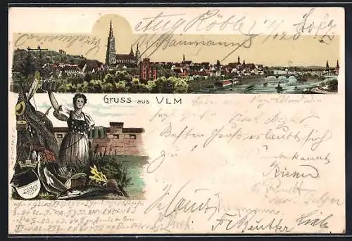 Lithographie Ulm / Donau, Stadtpanorama, Dame in Tracht mit Wappen und Bierkrug