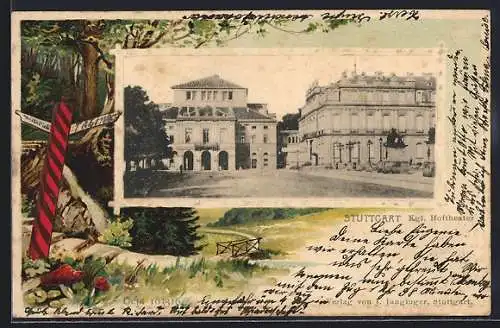 Präge-AK Stuttgart, Kgl. Hoftheater, Passepartout mit Wegweiser