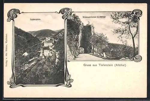 AK Tiefenstein /Albthal, Strassentunnel und Ortsansicht im Jugendstil-Passepartout