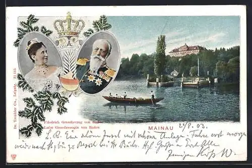 AK Mainau, Uferpartie mit gr. Kahn, Portrait Friedrich Grossherzog von Baden & Gattin