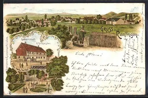 Lithographie Remlingen / Wolfenbüttel, Gasthaus von H. Buchheister, Ortspartie, Teilansicht mit Bauern