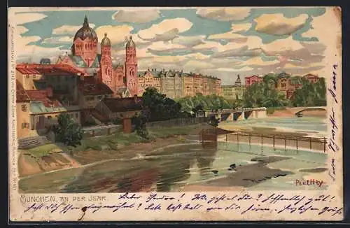 Künstler-Lithographie Paul Hey: München, Partie an der Isar mit Lukaskirche & Museumsinsel