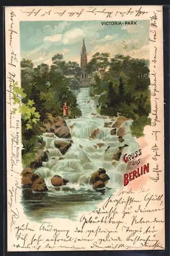Lithographie Berlin-Kreuzberg, Wasserfall im Victoria-Park