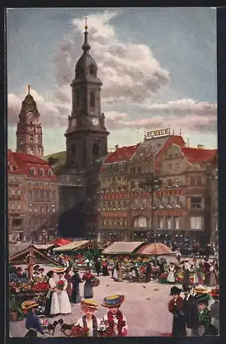 AK Dresden, Altmarkt mit Blumenmarkt, Kreuzkirche & Rathausturm