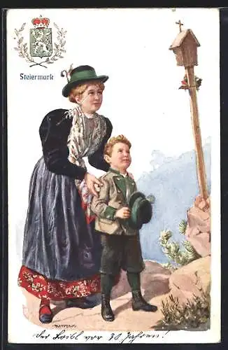 Künstler-AK Mutter und Sohn aus der Steiermark an Flurkreuz