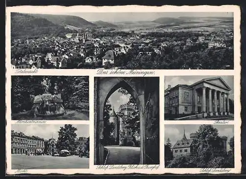 AK Meiningen, Totalansicht mit Kirche, Märchenbrunnen, Markt und Theater
