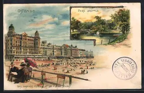 Lithographie Ostende, Les Grands Hotels et la Plage Ouest, Parc Leopold