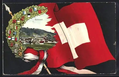 AK Appenzell, Ortsansicht mit Wappen und Schweizer Flagge