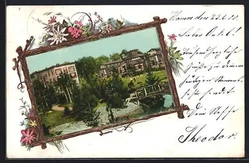 AK Hamm / Westfalen, Ortsansicht mit Wasserpartie im Rahmen mit Blumen