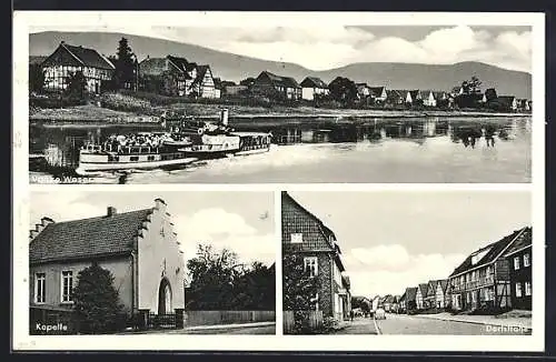 AK Vaake /Weser, Flusspartie mit Dampfer, Dorfstrasse, Kapelle