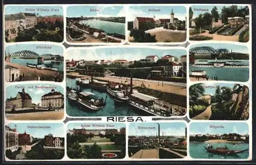 AK Riesa, Kaiser Wilhelm Platz, Rathaus, Stadtpark und Carola- & Handelsschule