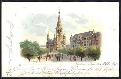 Lithographie Berlin-Charlottenburg, Kaiser Wilhelm-Gedächtniskirche mit Passanten