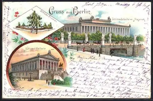 Lithographie Berlin, Schlossbrücke mit Museum, Nationalgallerie