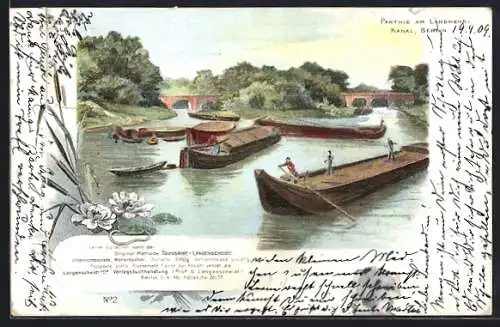 Künstler-AK Berlin-Kreuzberg, Partie mit Lastkähnen am Landwehr-Kanal