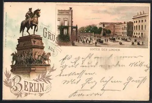 Lithographie Berlin, Unter den Linden mit Reiterstandbild