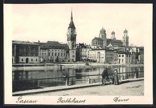 AK Passau, Rathaus und Dom mit Flusspartie