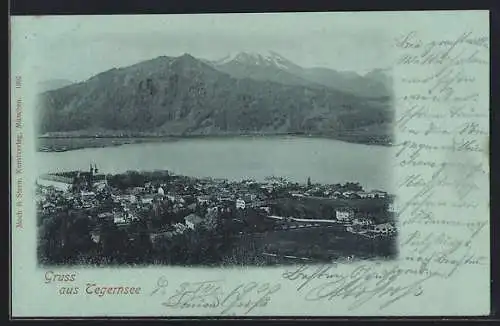 Mondschein-AK Tegernsee, Blick auf den Ort mit Bergpanorama