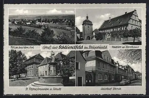 AK Schlüsselfeld im Steigerwald, Gasthof Storch, St. Petrusbrunnen und Schule, Stadttor mit Forsthaus