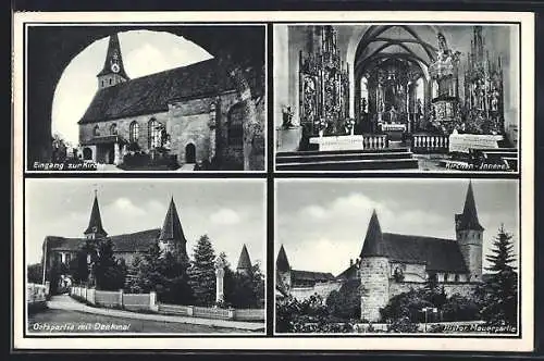 AK Effeltrich, Eingang zur Kirche, Ortspartie mit Denkmal, Inneres d. Kirche, Histor. Mauerpartie
