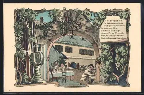 Künstler-AK Rüdesheim /Rh., Gasthaus Steinstrass Nr. 6, Innenhof mit Gästen, Burgtor-Rahmen, Weinglas, Reben