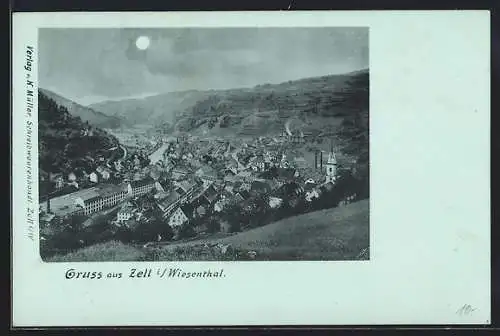 Mondschein-AK Zell i. Wiesenthal, Ortsansicht mit Talblick