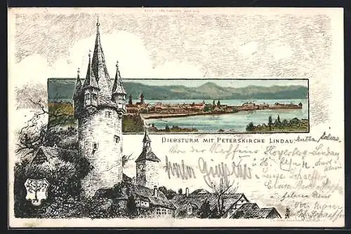Künstler-AK C.Biese: Lindau, Totalansicht mit dem Bodensee, Diebsturm mit der Peterskirche