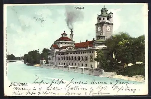 AK München, Flusspartie mit Volksbad