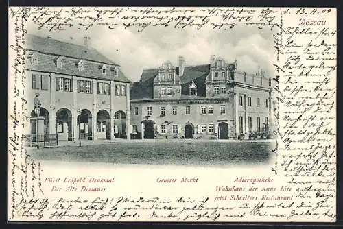 AK Dessau, Grosser Markt mit Fürst Leopold-Denkmal (der alte Dessauer) und Adlerapotheke