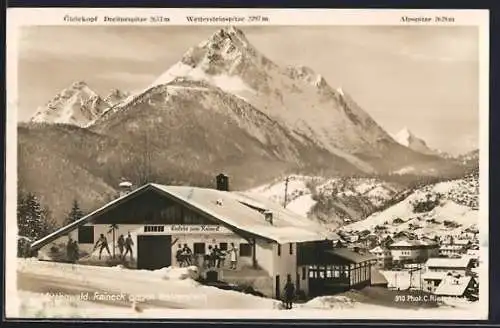 AK Mittenwald, Gasthaus zum Raineck gegen Wetterstein