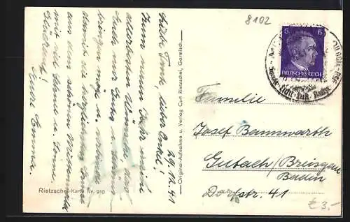 AK Mittenwald, Gasthaus zum Raineck gegen Wetterstein