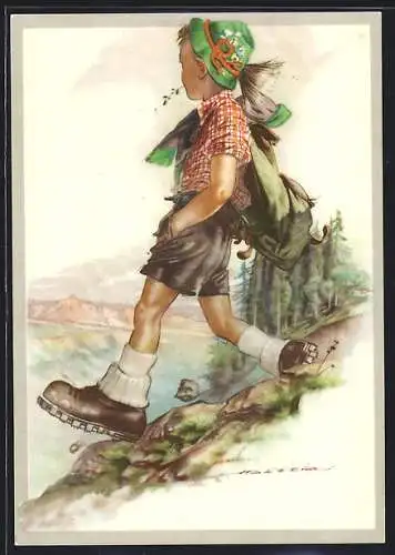 Künstler-AK sign. Haller: Bub beim Wandern