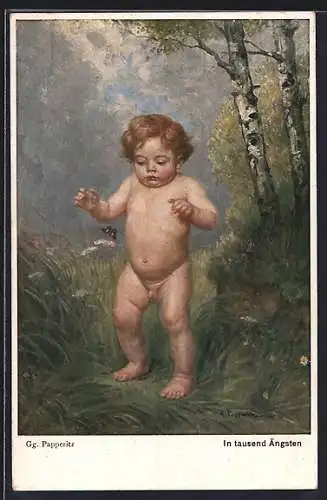 Künstler-AK sign. Gg. Papperitz: In tausend Ängsten, Knabe und Schmetterling