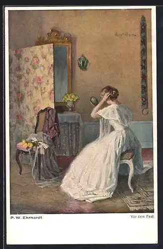 Künstler-AK sign. P. W. Ehrhardt: Dame vor dem Fest
