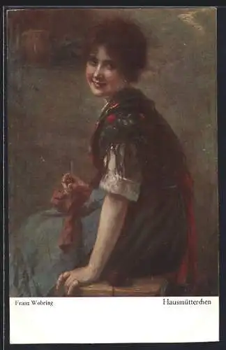 Künstler-AK Wohlgemuth & Lissner, Primus-Postkarte No.3015: Hausmütterchen - Frau mit Strickzeug in der Hand