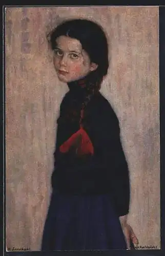 Künstler-AK sign. H. Sandkuhl: Schulmädel mit geflochtenem Zopf