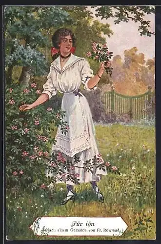 Künstler-AK sign. Fr. Rowland: Dame pflückt Blumen