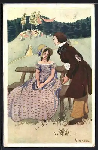 Künstler-AK sign. Vicenova: Junge Dame auf einer Bank
